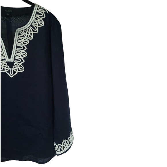 TALBOTS Small Linen Embroidered Nautical Coastal Preppy Tunic Top Navy & White - Picture 6 of 12